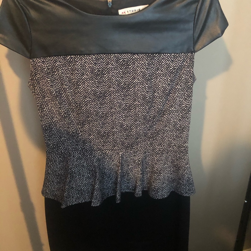 Black/white herringbone peplum dress with leather